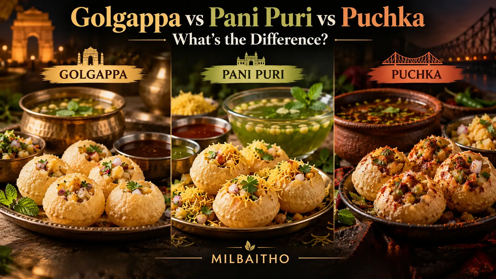 Three-panel visual pairing golgappa, pani puri and puchka with Delhi, Mumbai and Kolkata landmarks