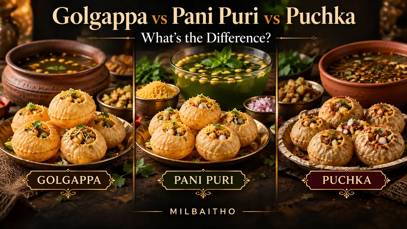 MILBAITHO comparison visual showing golgappa, pani puri and puchka with bowls of flavoured water