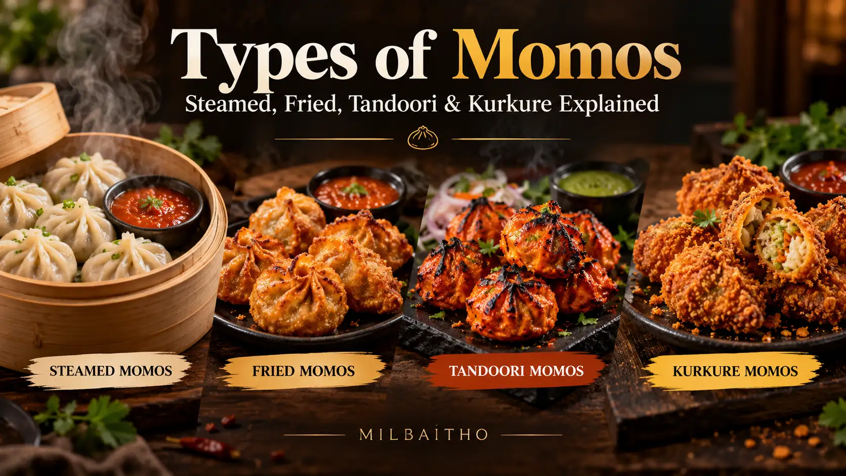MILBAITHO guide showing steamed momos in a basket and plates of fried, tandoori and crunchy kurkure momos
