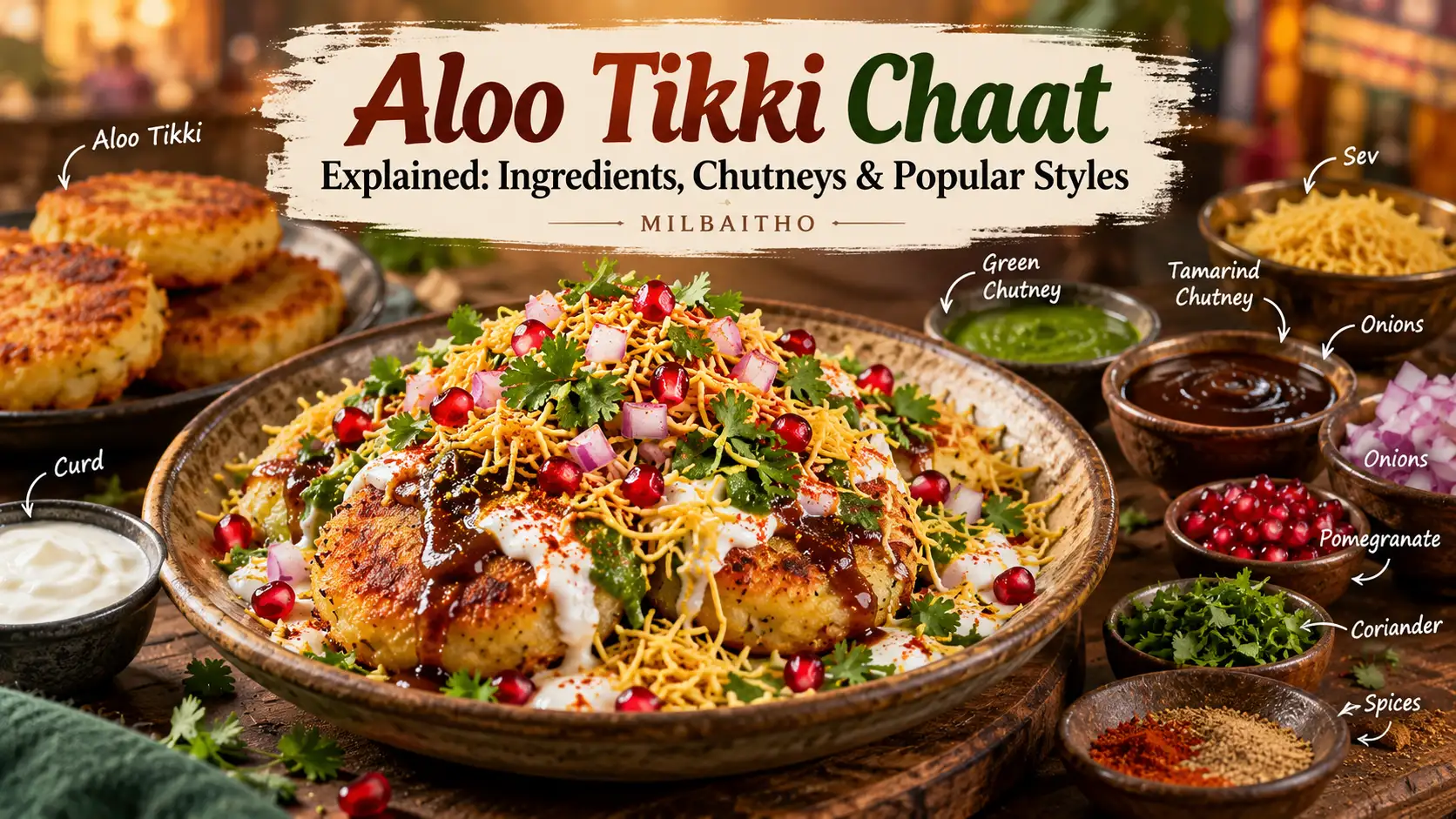 Editorial illustration of aloo tikki chaat with its ingredients and chutneys