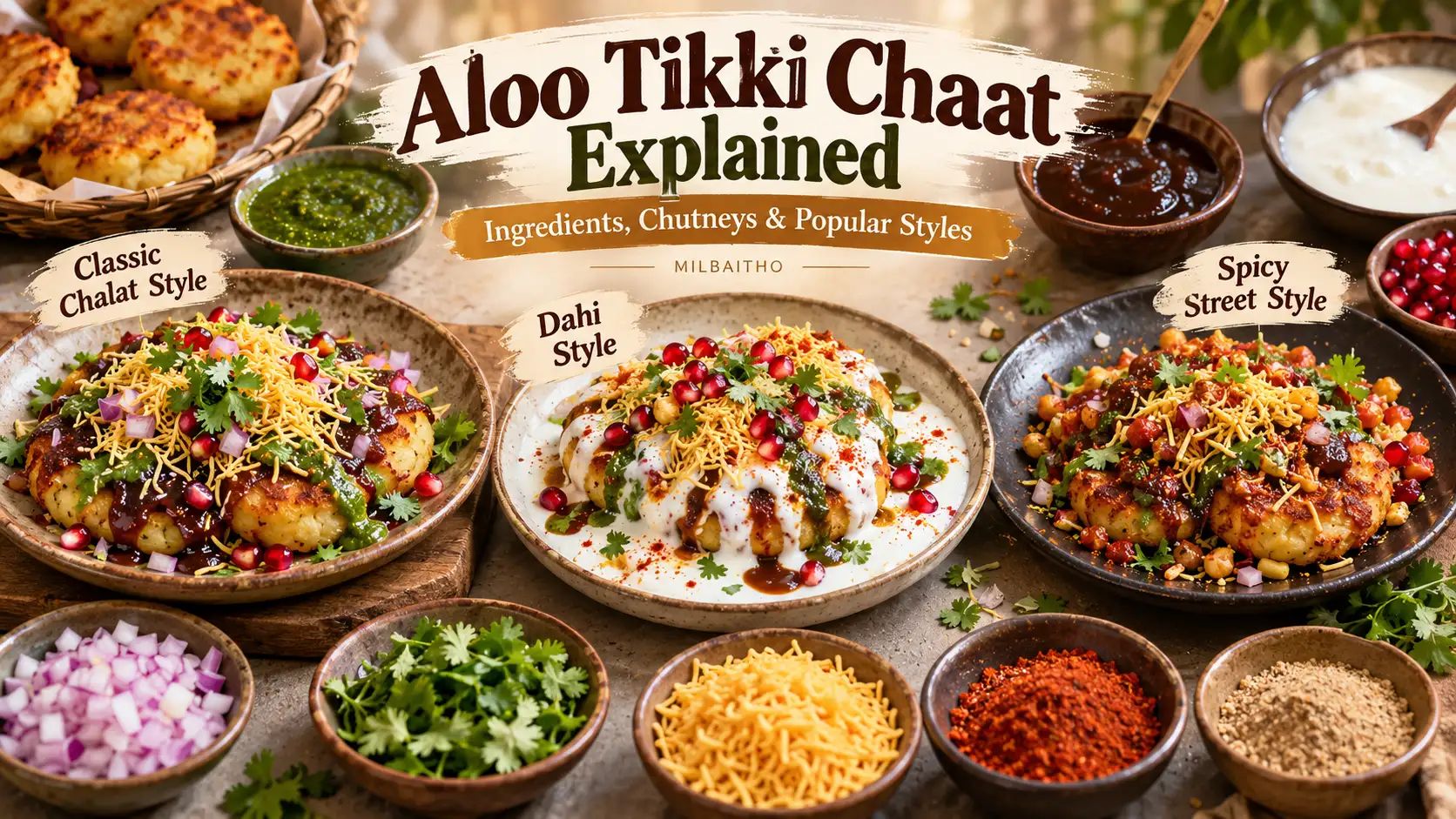 Three illustrated aloo tikki chaat presentations labelled classic chaat style, dahi style and spicy street style