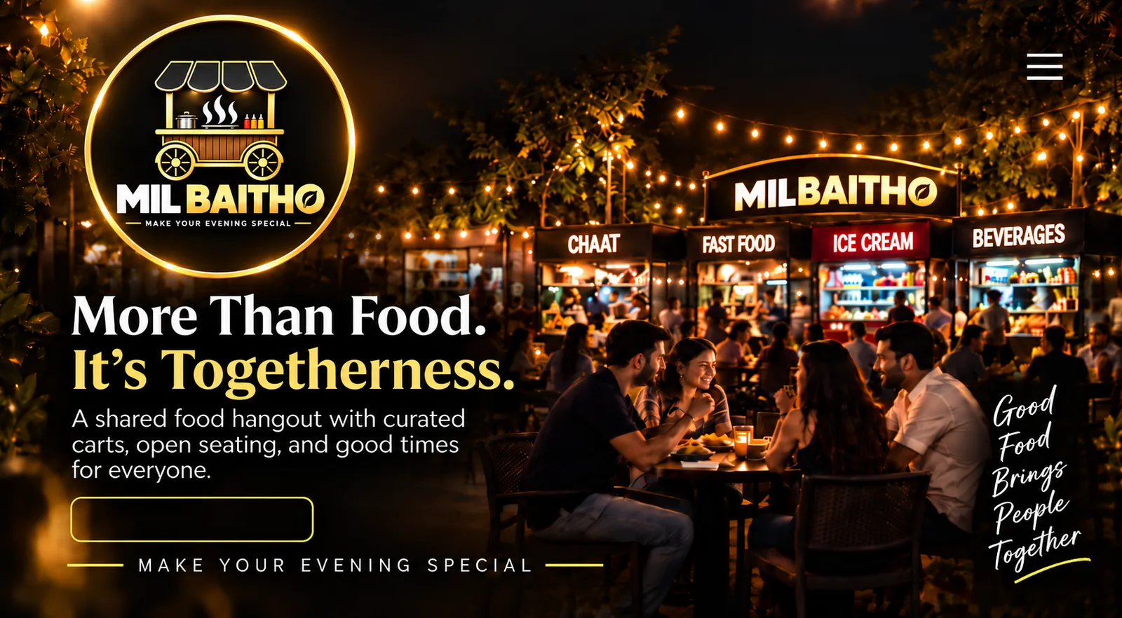 MILBAITHO Indian street food brand, food carts and seating illustration