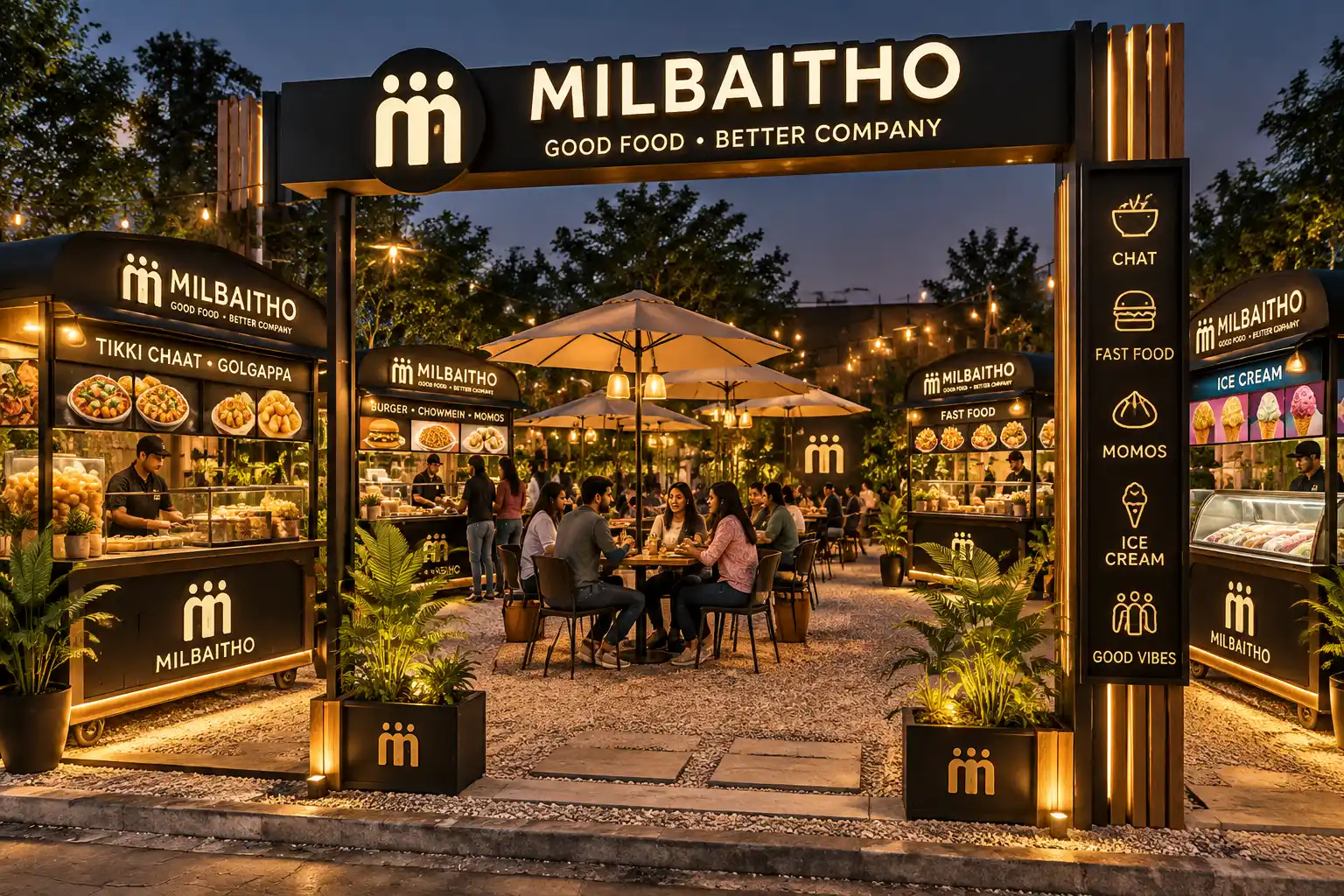 MILBAITHO-branded food carts arranged around outdoor tables beneath umbrellas and warm lighting