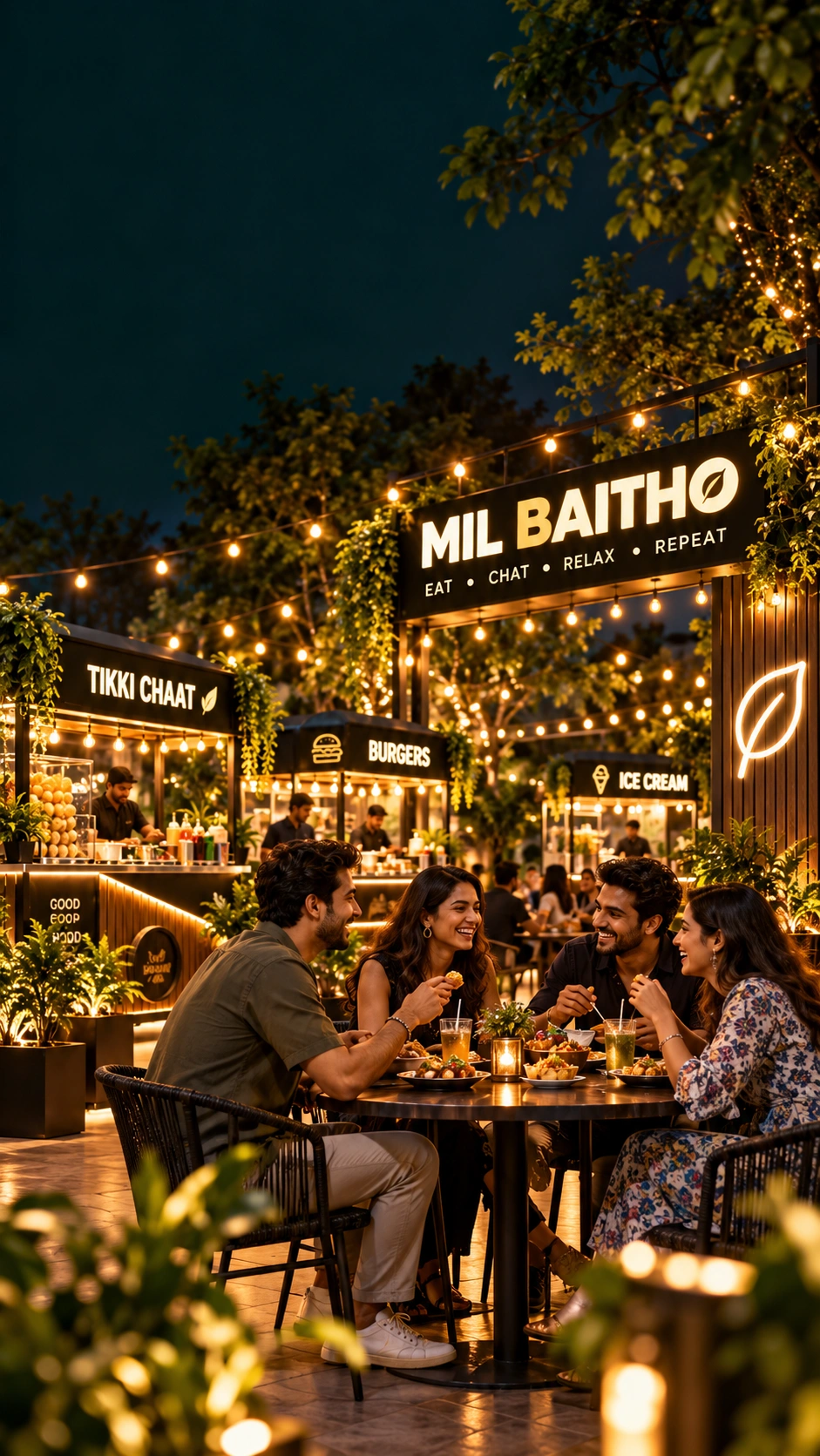 Friends enjoying food together at Milbaitho