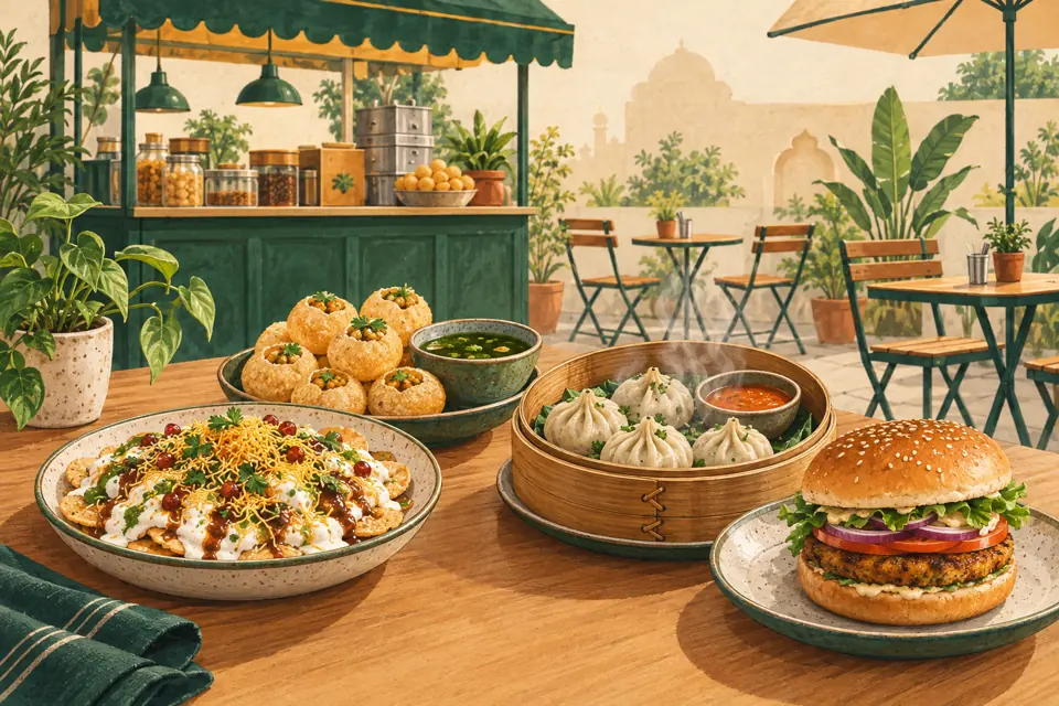 Illustration of chaat, golgappa, momos and a burger beside an Indian street food counter with seating