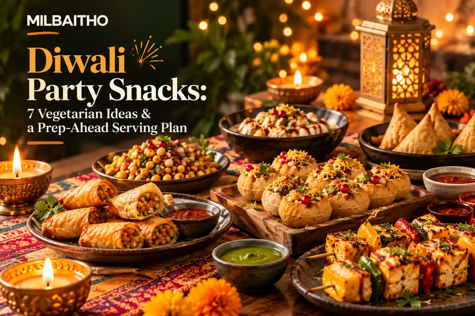 Illustrative festive spread of paneer skewers, samosas, chaat and stuffed rolls