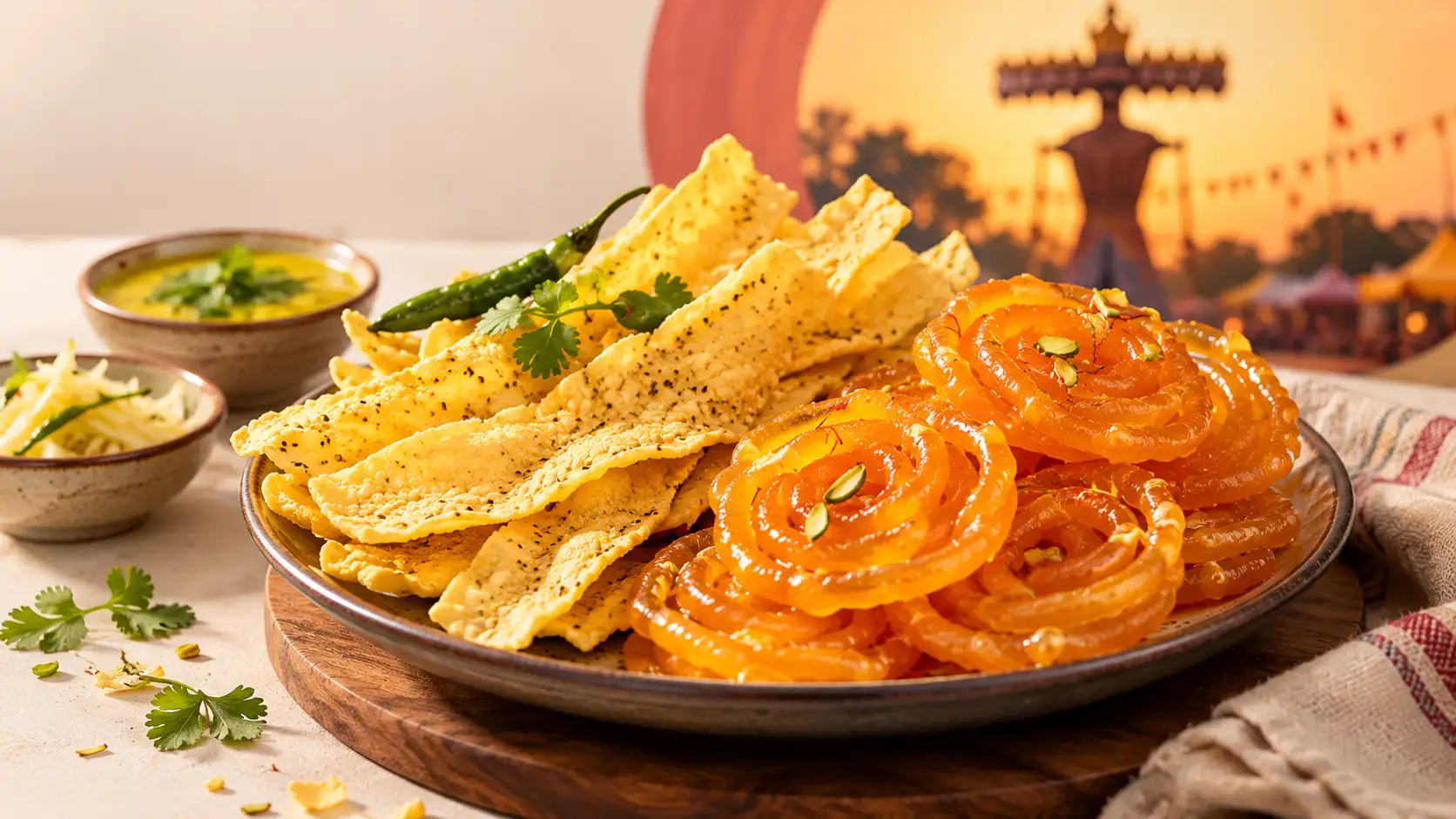 Fafda strips and jalebi spirals on a platter with accompaniments and a Dussehra-themed background