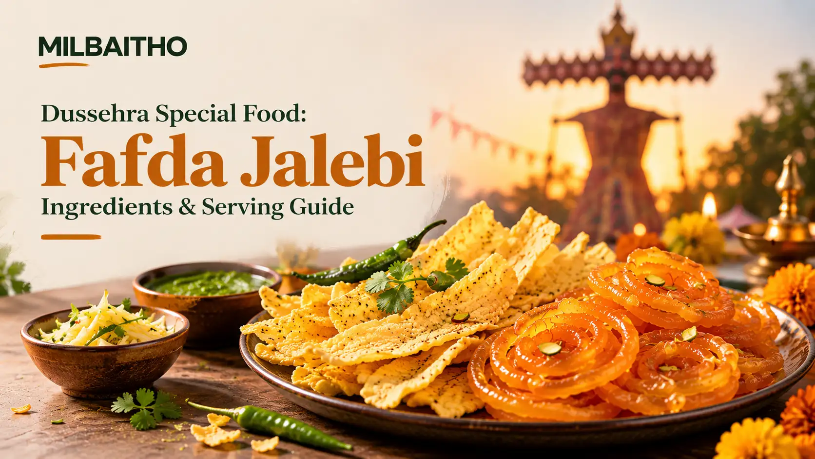 Dussehra special fafda jalebi guide illustration with papaya accompaniment and festive decorations