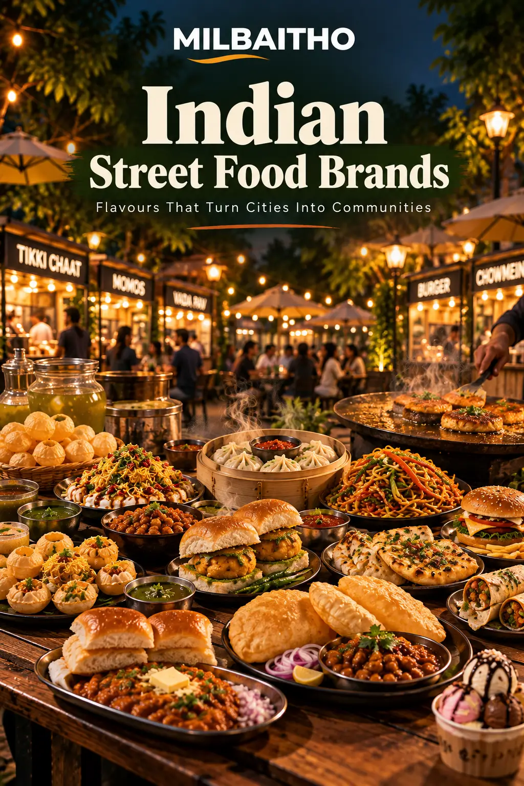 Indian street food under warm market lights