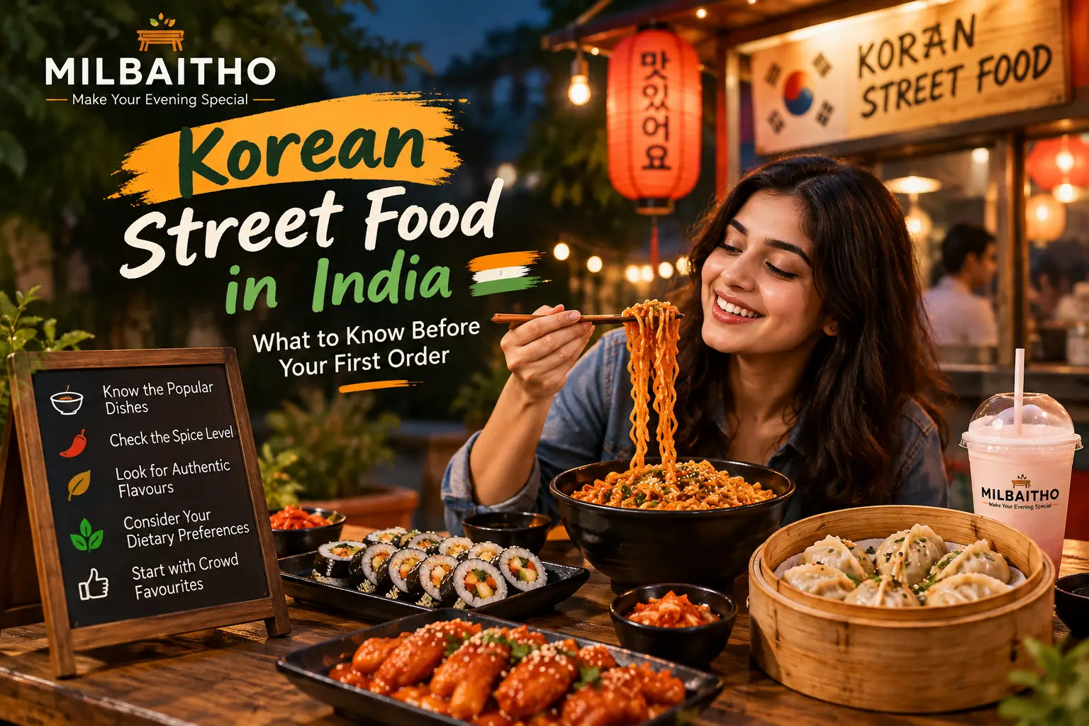 Korean street-food evening in India — editorial scene accompanying the ordering guide