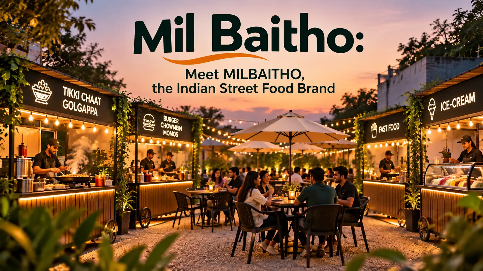 MILBAITHO concept illustration showing Indian street food carts and shared outdoor seating at dusk