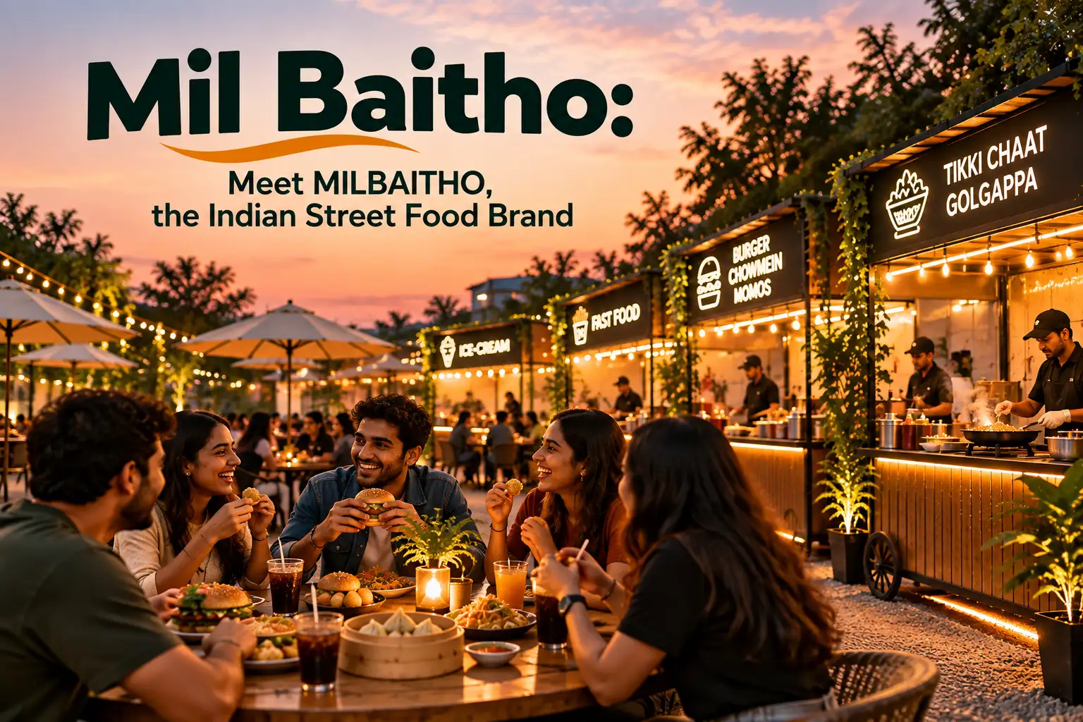 MILBAITHO concept illustration of friends sharing street-food dishes beside illuminated food carts