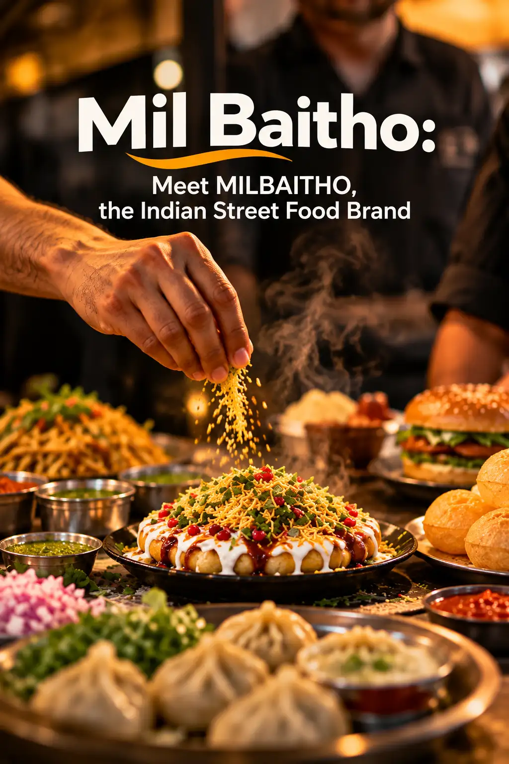 Illustrative street-food scene with chaat being garnished, momos, golgappa and a burger