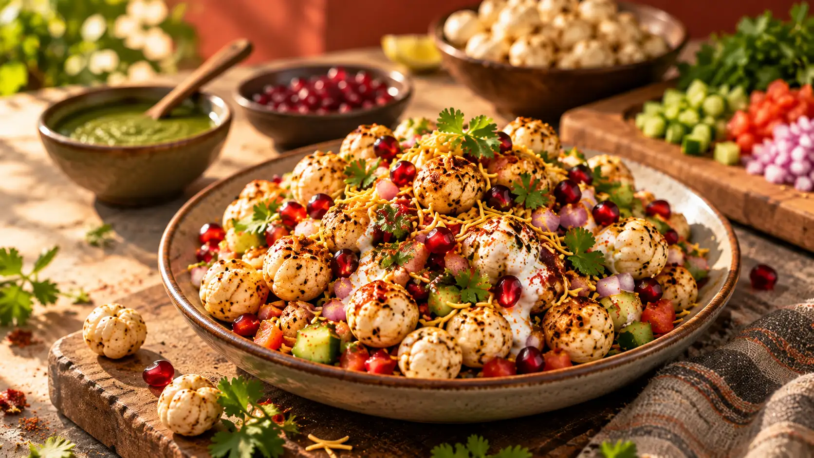 Makhana chaat topped with yogurt, sev, pomegranate and coriander