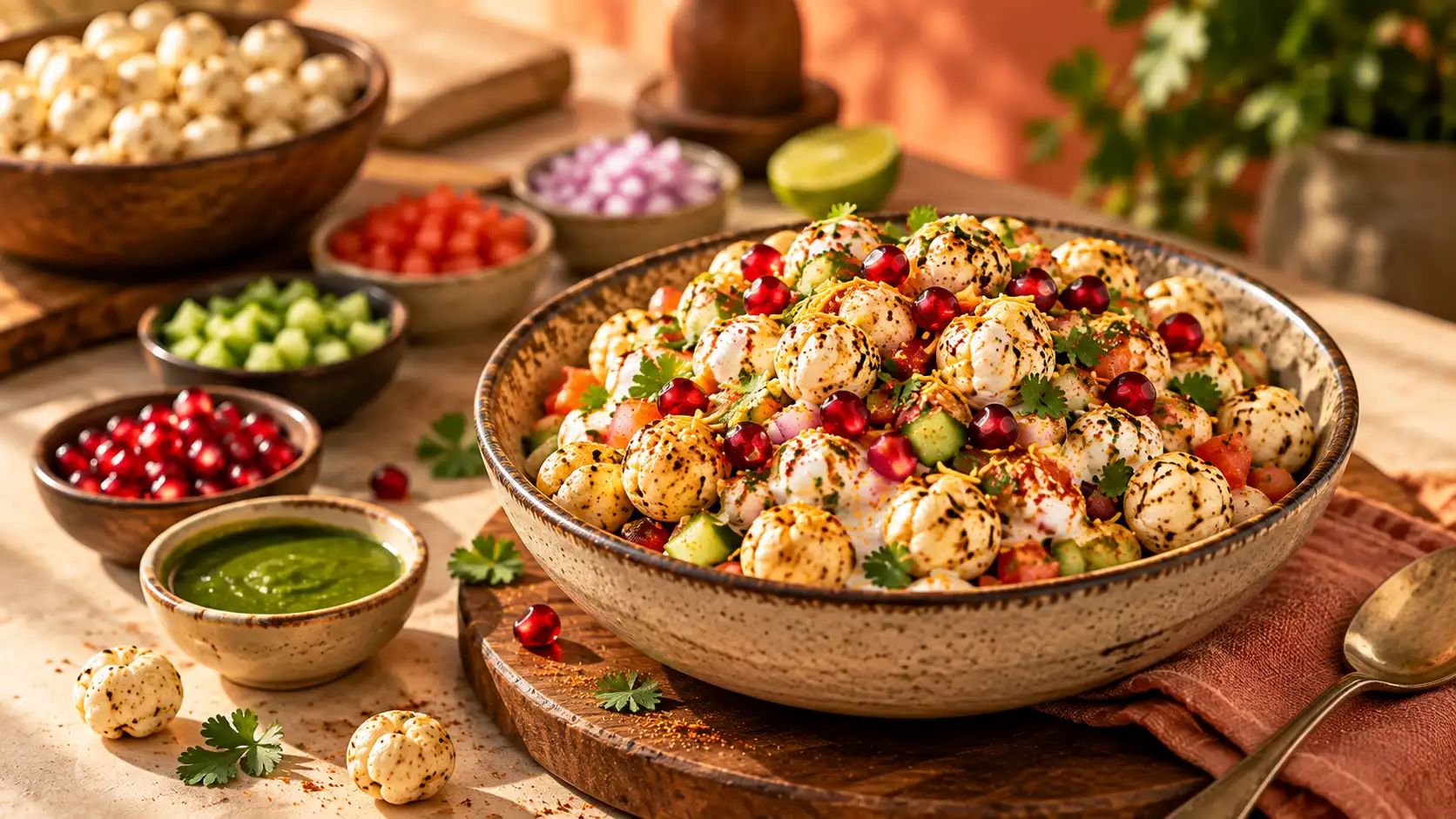 Bowl of makhana chaat beside chopped vegetables, pomegranate and green chutney