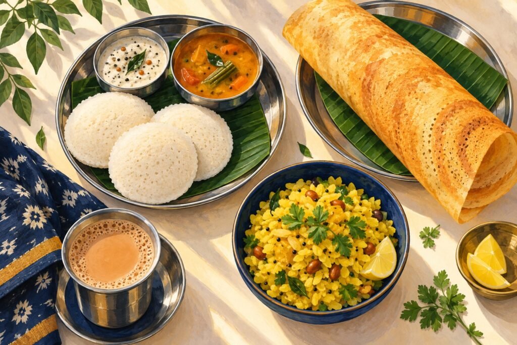 Illustration of idli with chutney and sambar, a golden dosa, poha and chai on a morning table