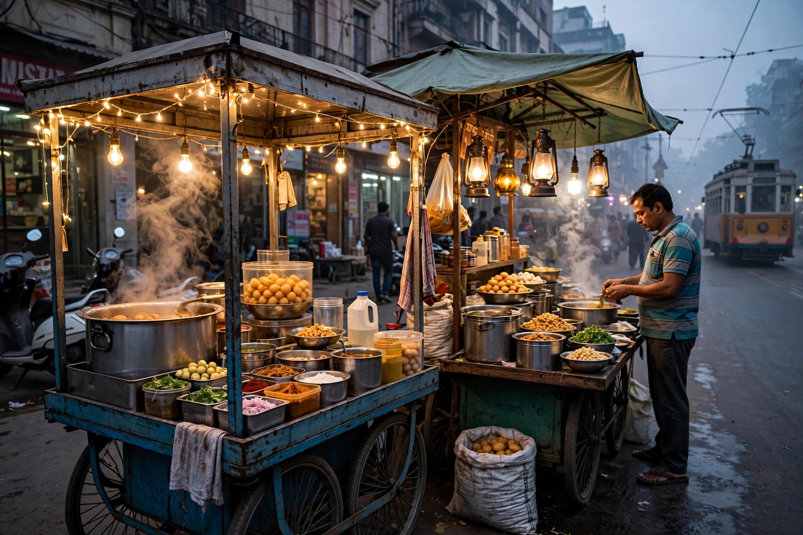 Delhi golgappa cart and Kolkata puchka vendor at dusk