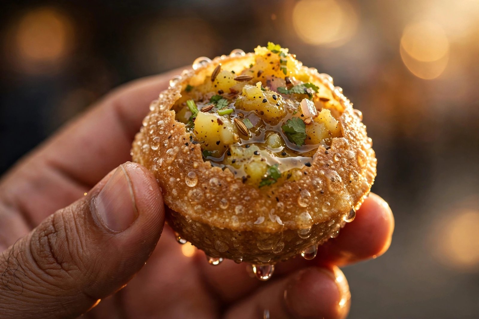 Close-up of a filled golgappa — the crunch behind pani puri vs golgappa debate
