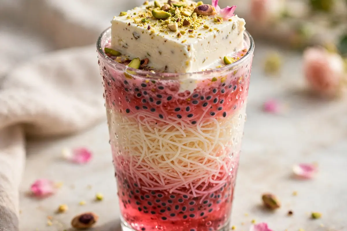 Kulfi falooda in a tall glass with vermicelli and rose syrup