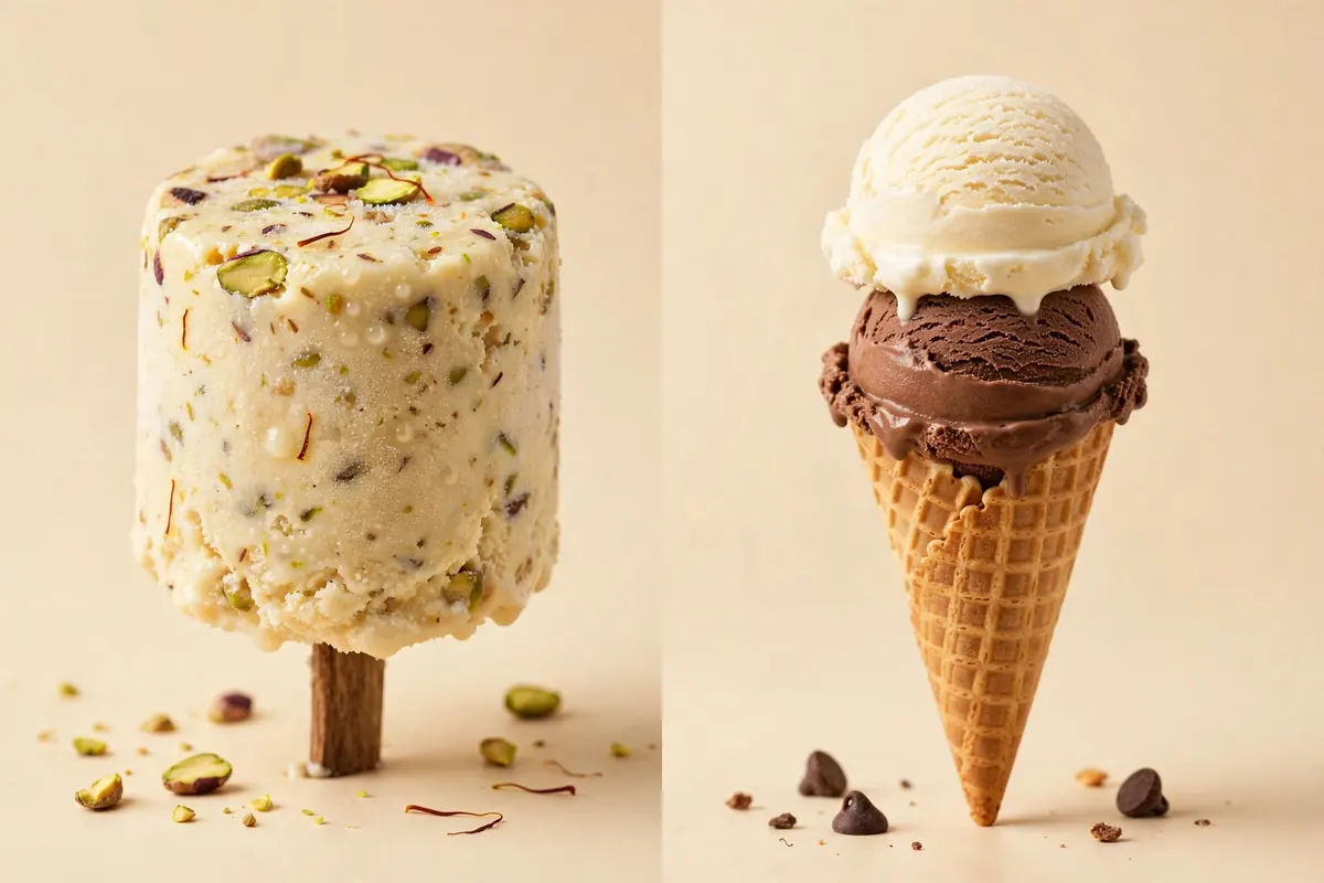 Traditional kulfi on a stick next to scoops of ice cream