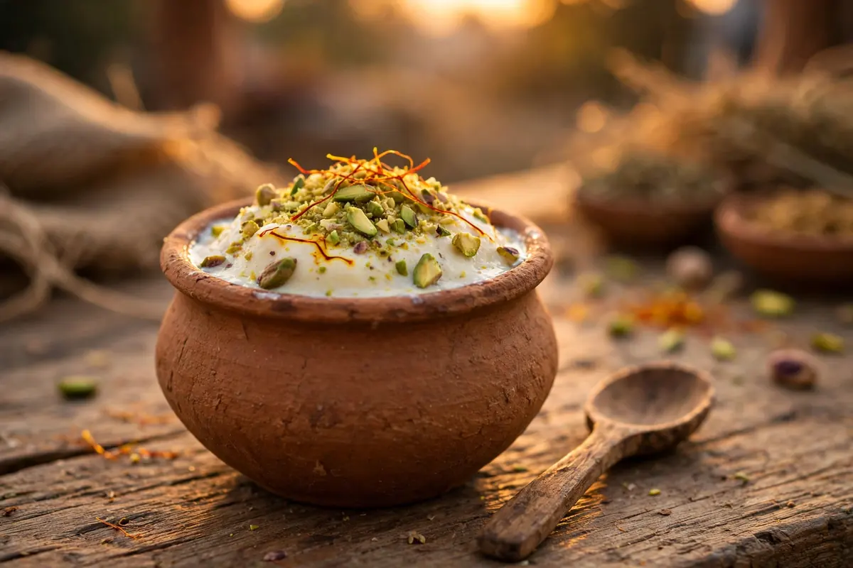 Matka kulfi served in a clay pot, topped with pistachios and saffron