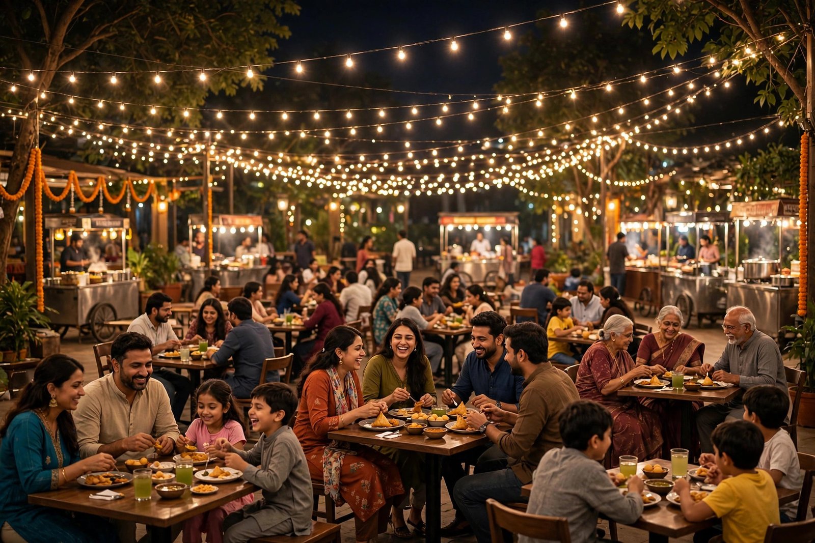 MILBAITHO hygienic open-air street food court at night
