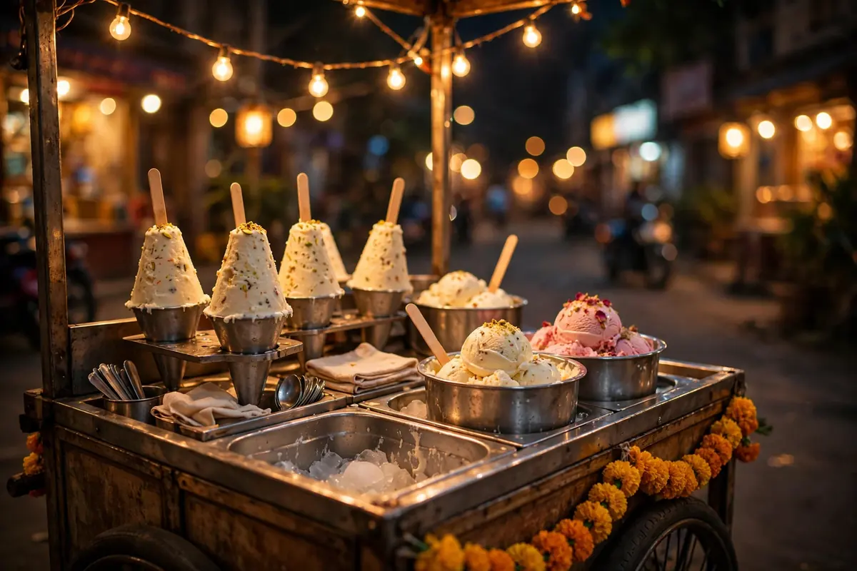 Warm-lit street dessert cart in the evening