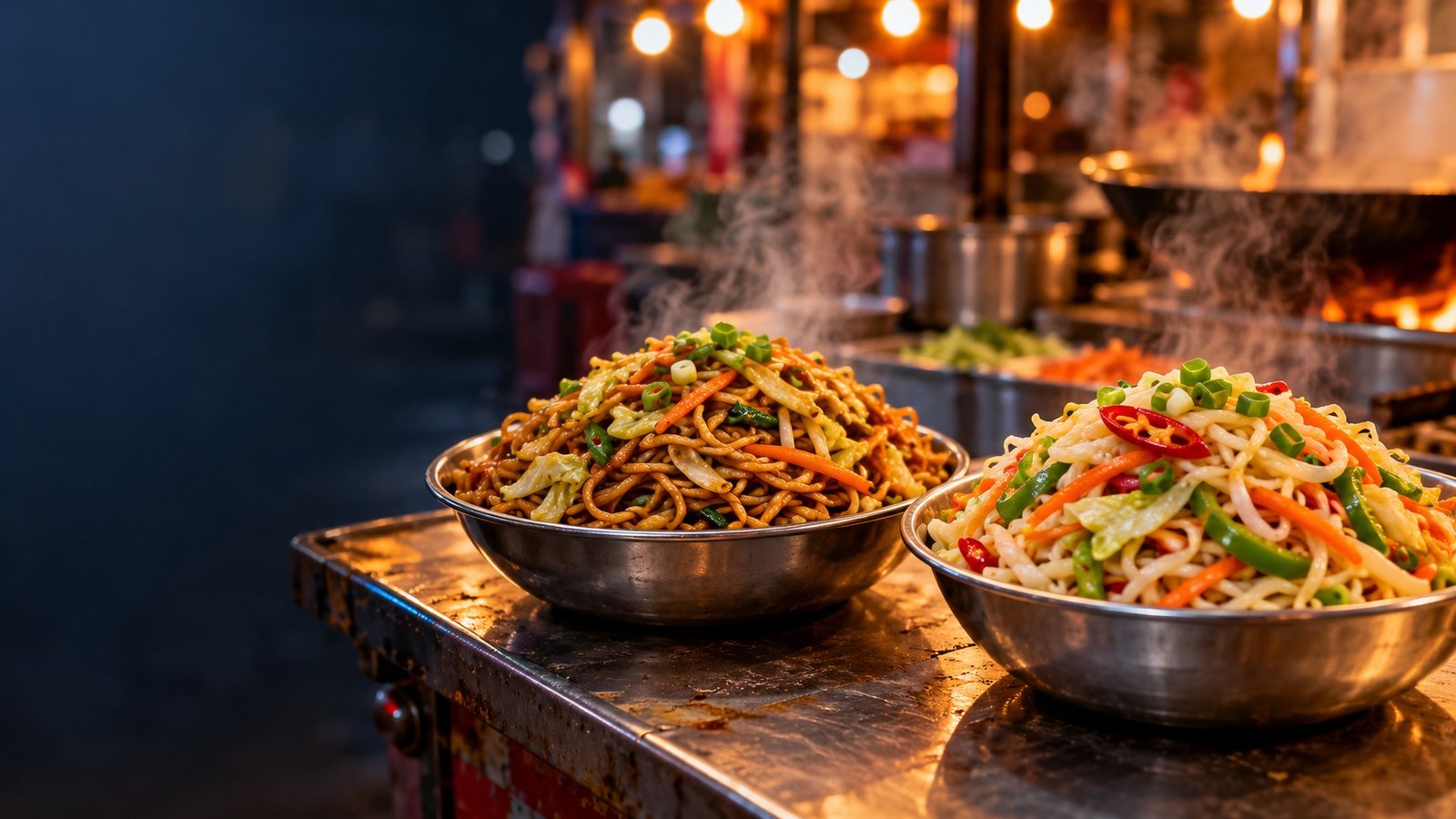 Chow mein vs hakka noodles at an Indian street food stall