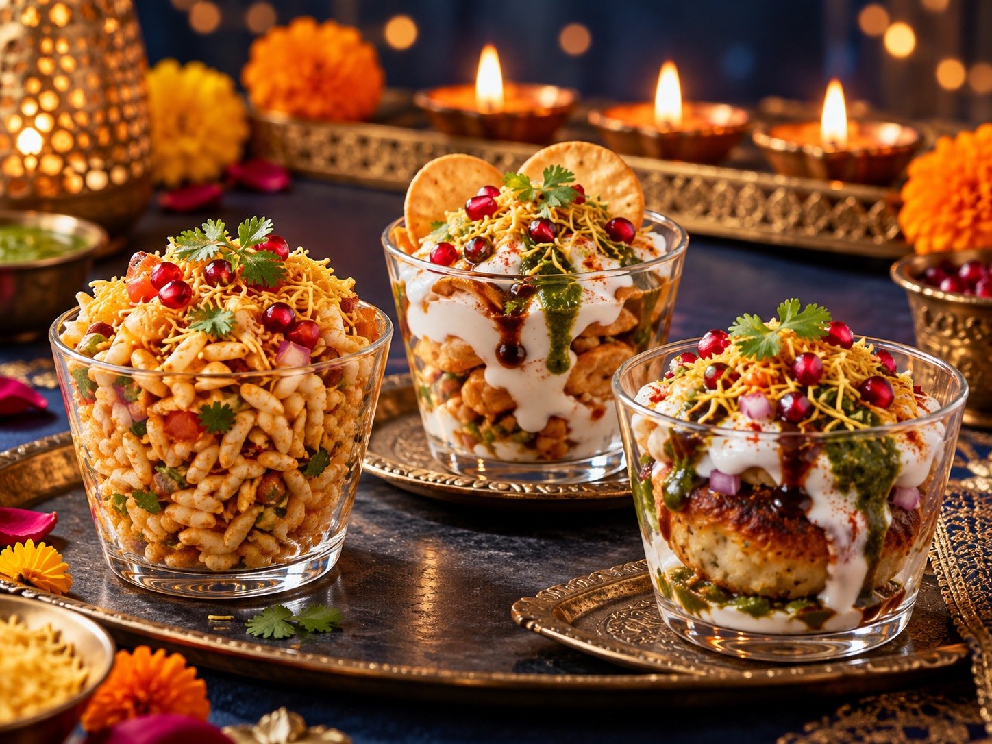 Three festive individual chaat cups with bhel puri, dahi papdi chaat and aloo tikki chaat beside Diwali lamps
