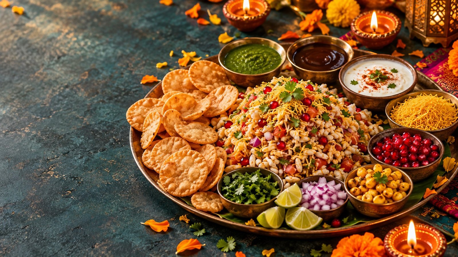 Festive Diwali chaat board with papdi, bhel puri, chutneys, sev, pomegranate and glowing diya lamps