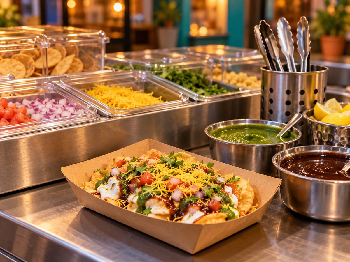 Fresh vegetarian chaat served at an organised Indian street food counter with covered ingredient containers and clean serving tongs