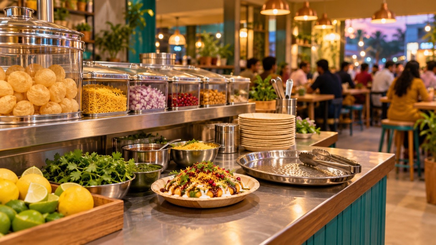 Organised Indian street food counter with fresh chaat ingredients and comfortable seating in the background