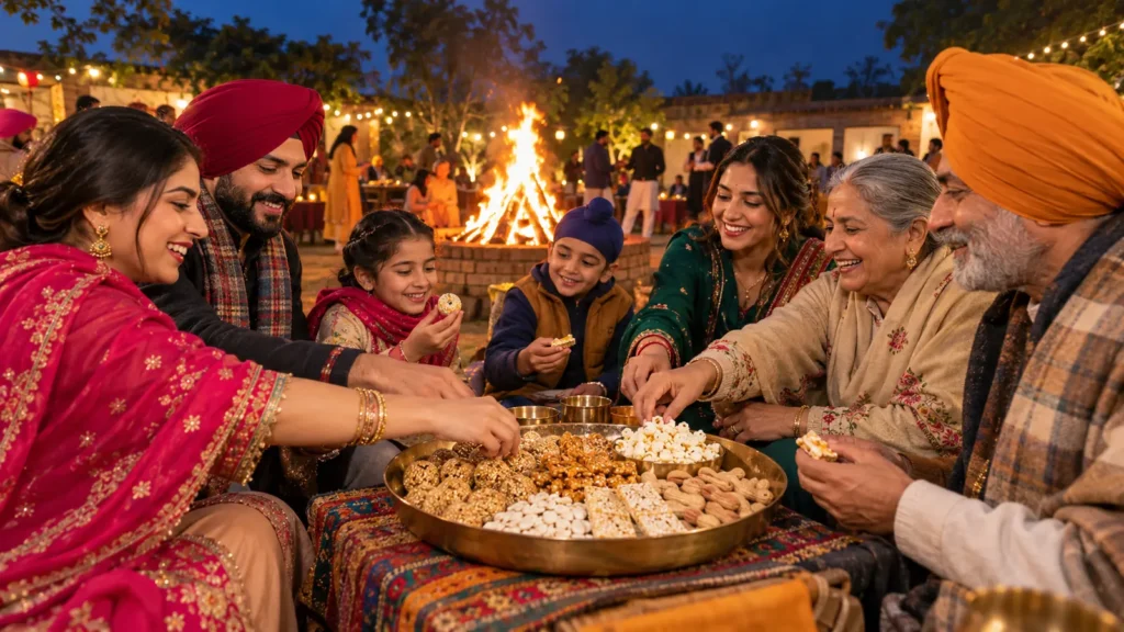 Lohri bonfire evening with shared winter snacks in India
