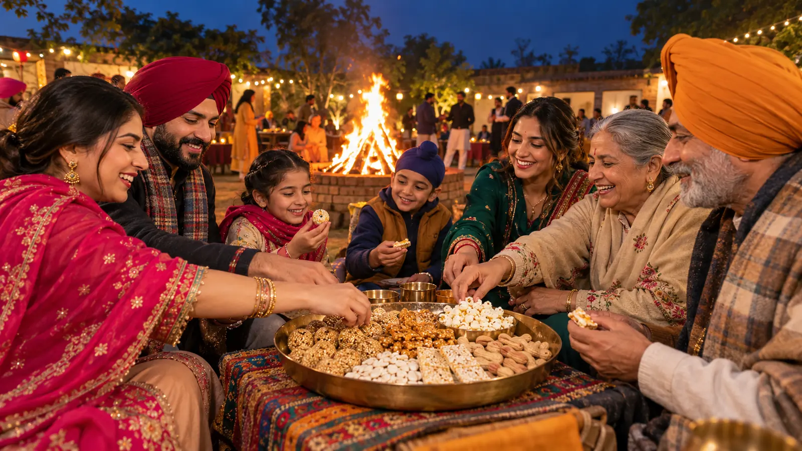Lohri bonfire evening with shared winter snacks in India