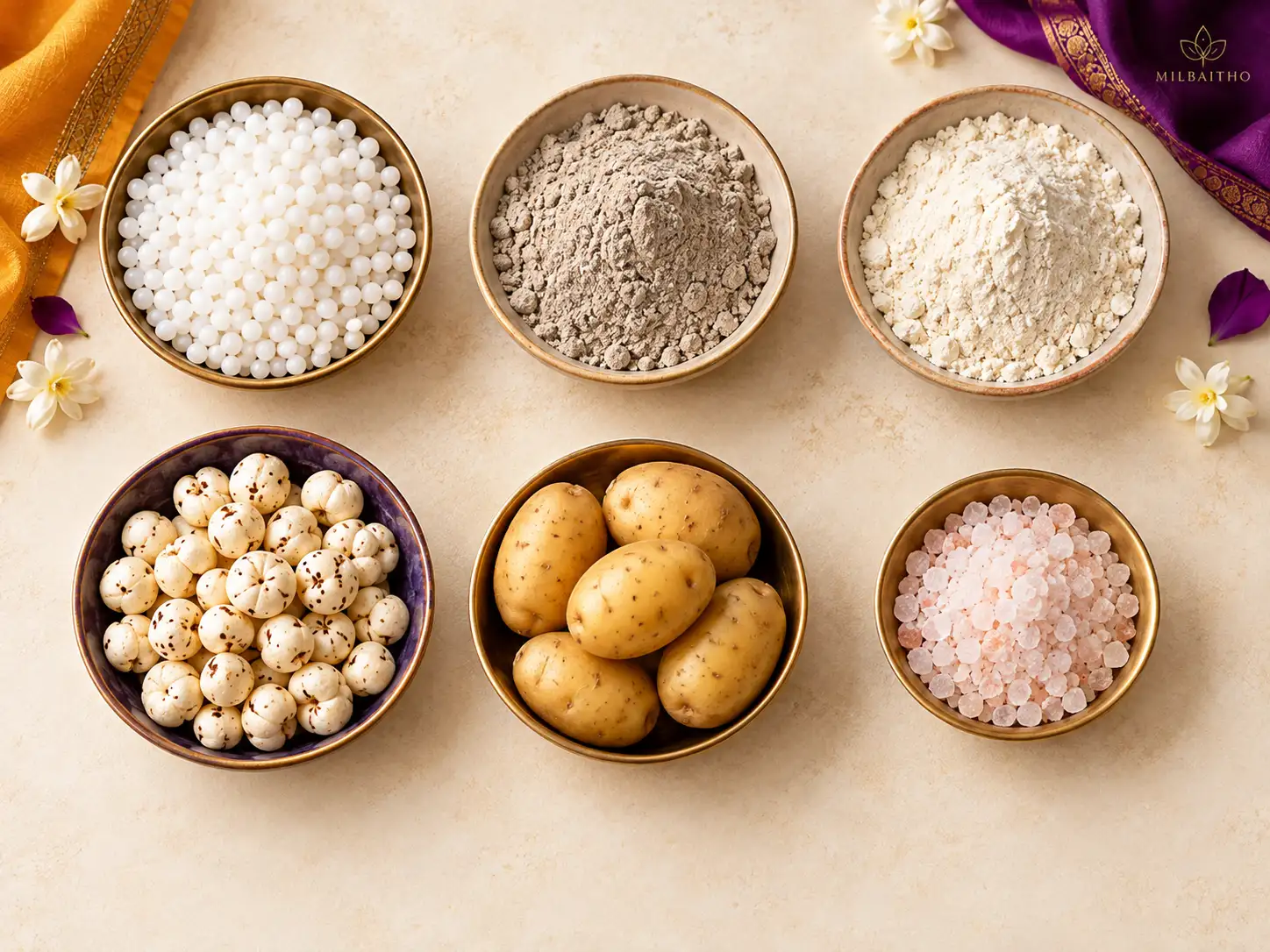 Six bowls illustrating sabudana, two fasting flours, makhana, potatoes and rock salt