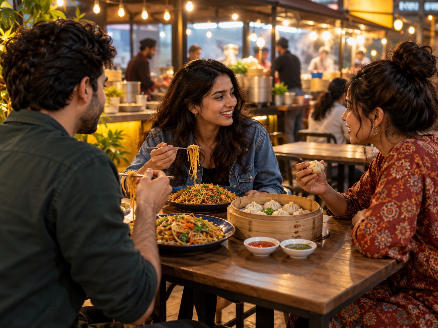 Friends sharing noodles at a street food seating area