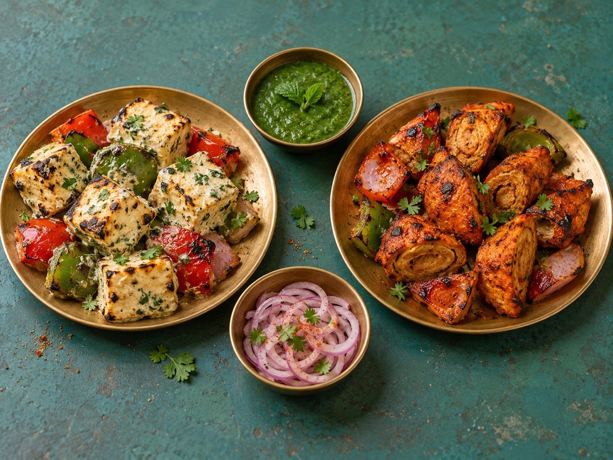 Side-by-side plates of grilled paneer tikka and tandoori soya chaap with mint chutney