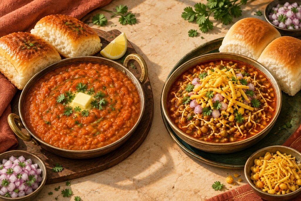 Illustration of pav bhaji with buttered pav beside misal pav topped with farsan and onion