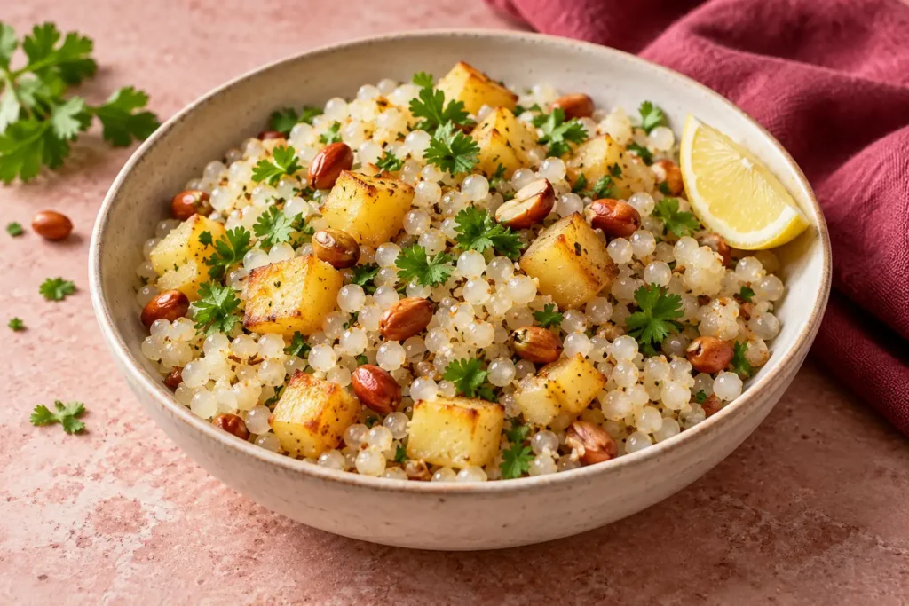 Illustration of sabudana khichdi with tapioca pearls, potatoes, peanuts and coriander