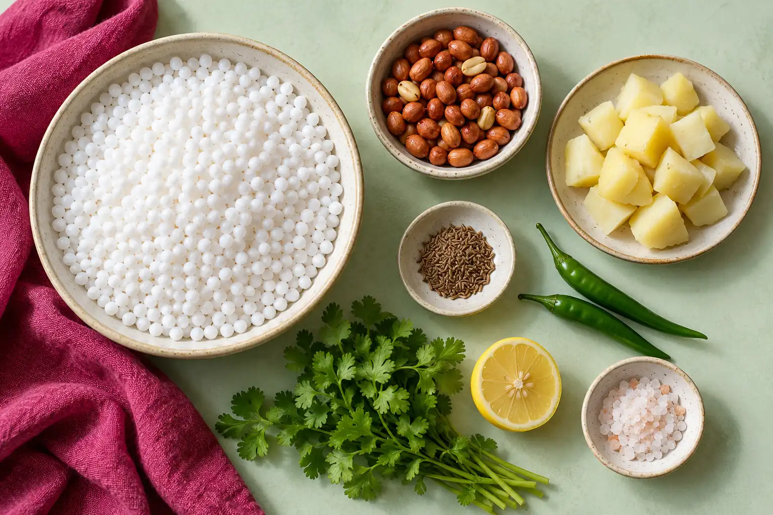 Sabudana khichdi ingredients: tapioca pearls, peanuts, potato, cumin, chillies, lemon, coriander and rock salt