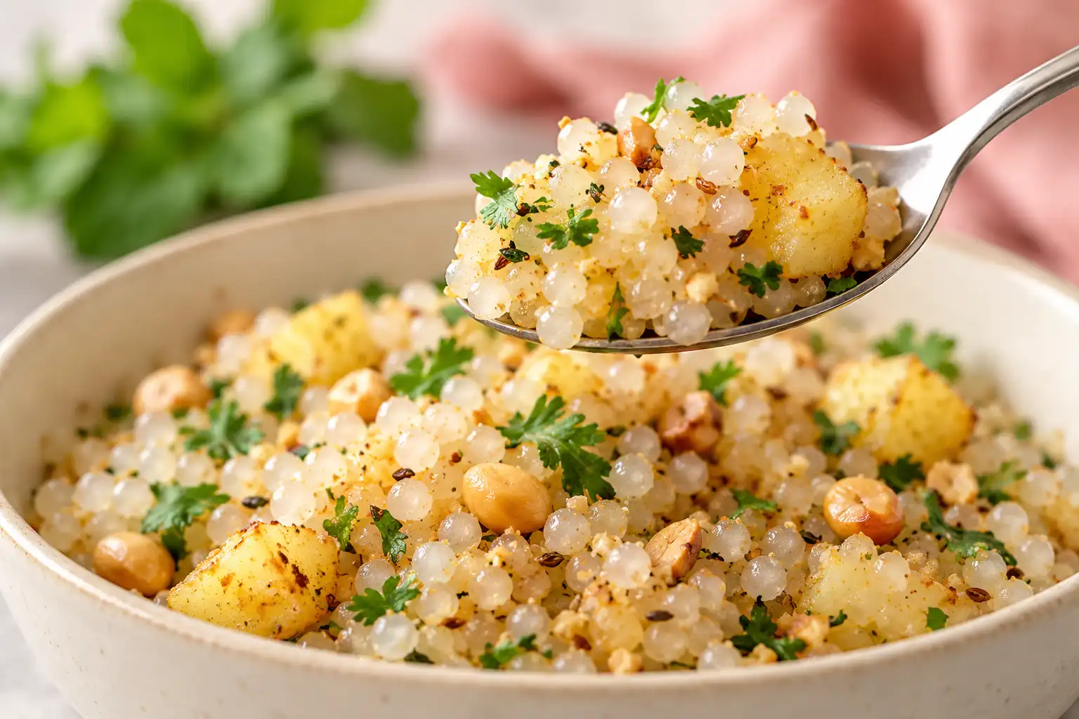 Close-up illustration of separate cooked sabudana pearls with crushed peanuts and potato on a spoon