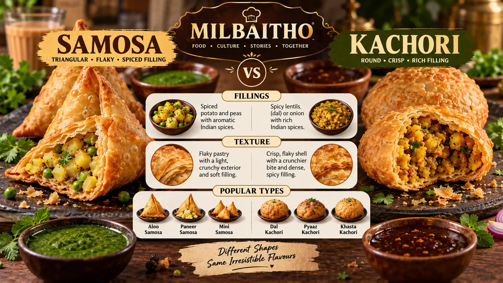 Samosa and kachori comparison showing cut-open pastries and examples of popular types