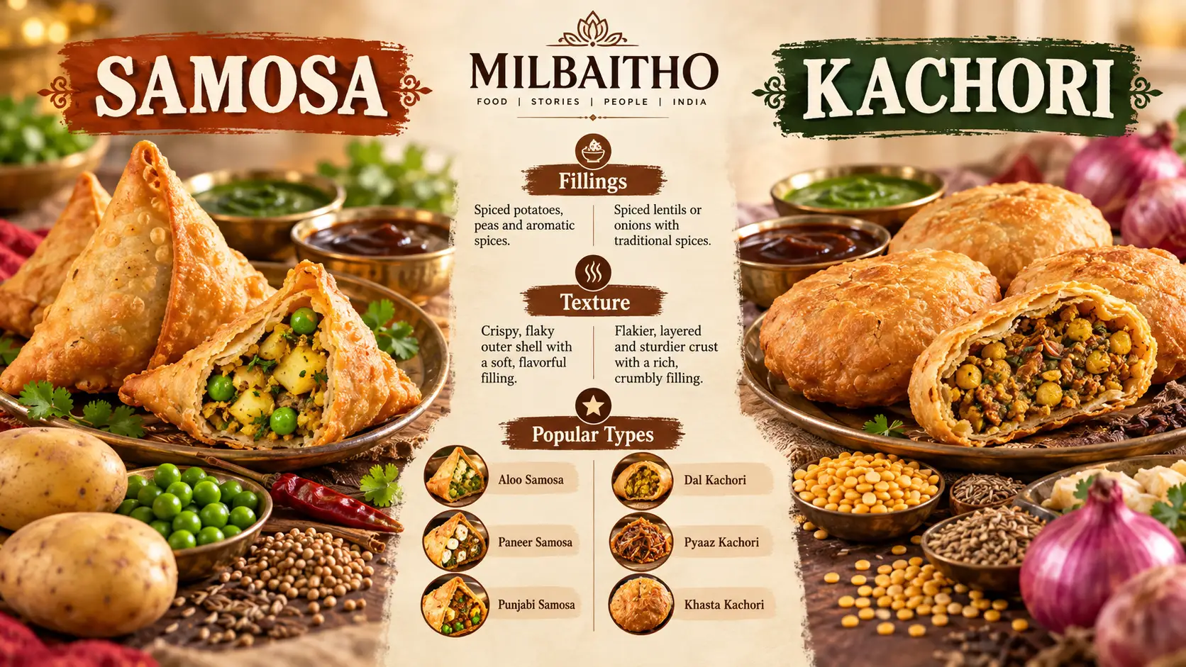 Cut-open samosa and kachori illustration comparing pastry, fillings and popular varieties