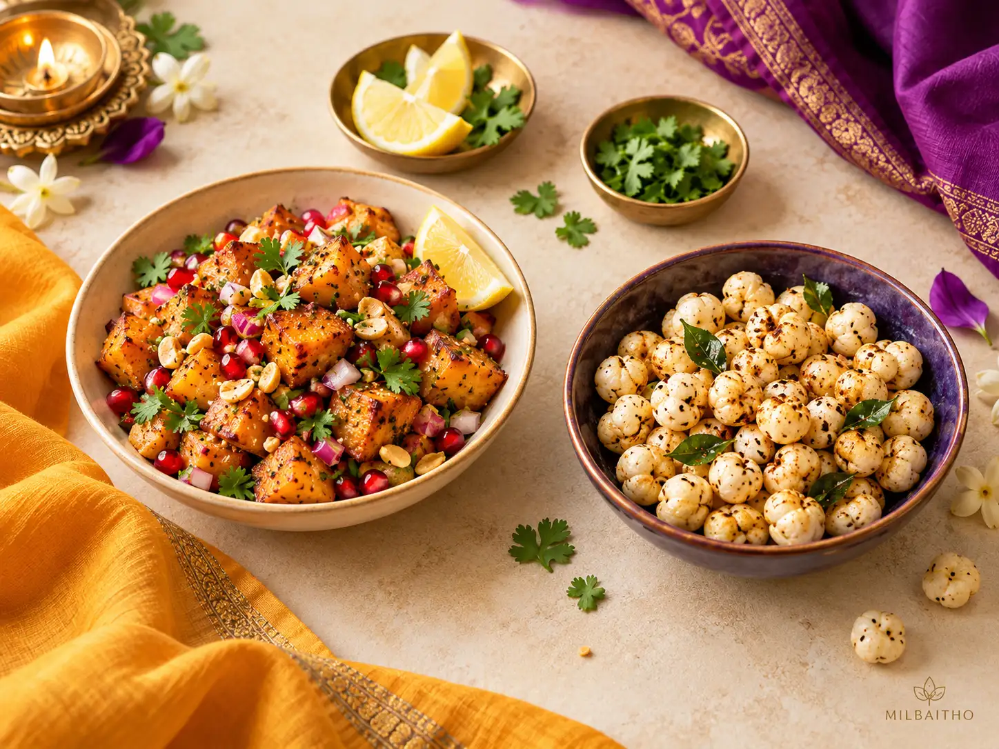 Illustrative sweet potato chaat with colourful garnishes beside a bowl of roasted makhana