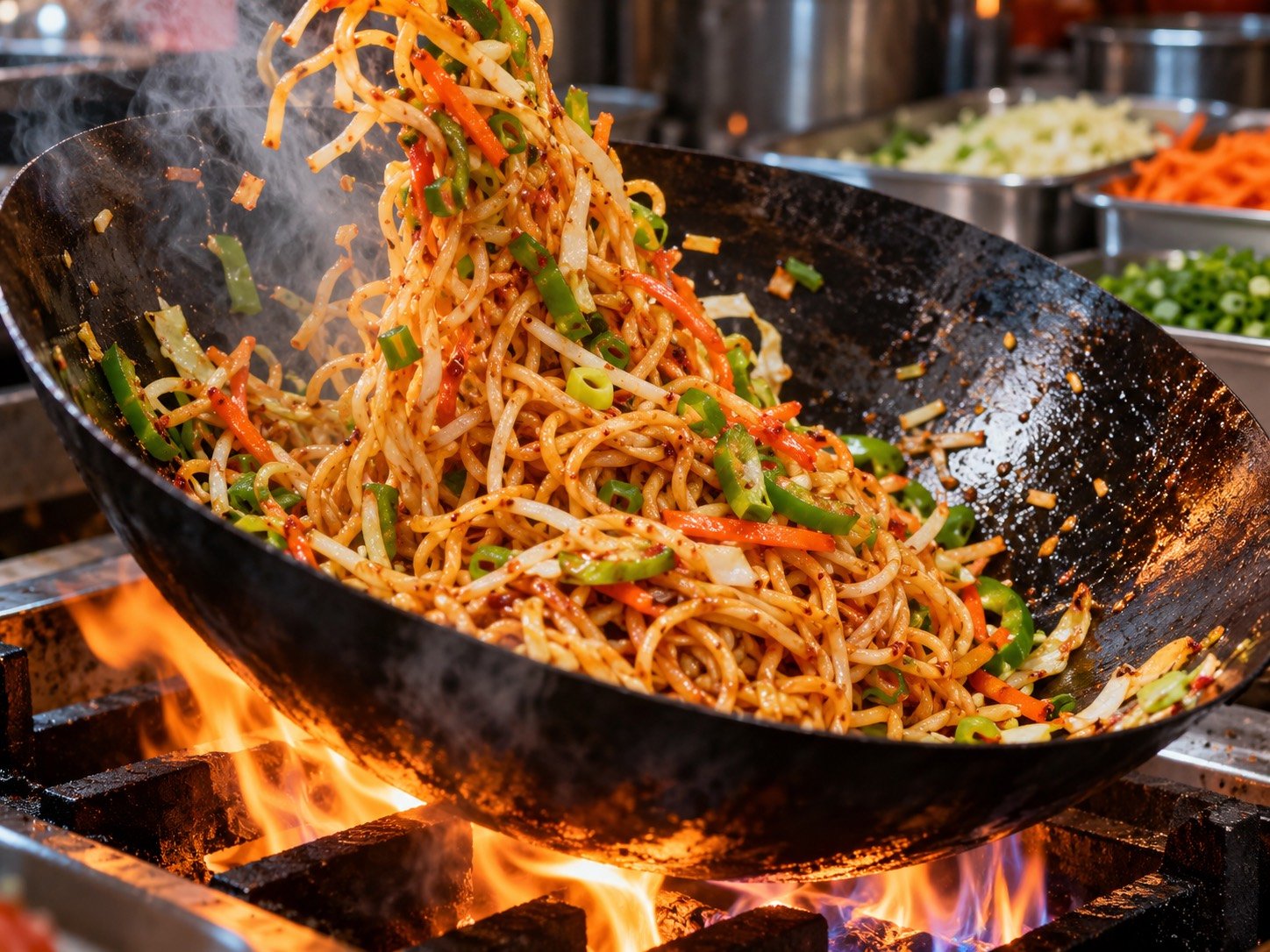 Veg hakka noodles with vegetables in a wok