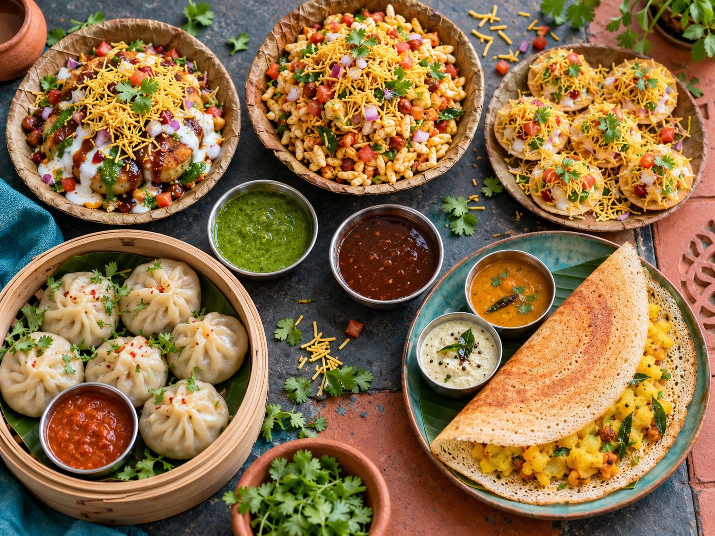 Aloo tikki chaat, bhel puri, sev puri, vegetable momos and masala dosa