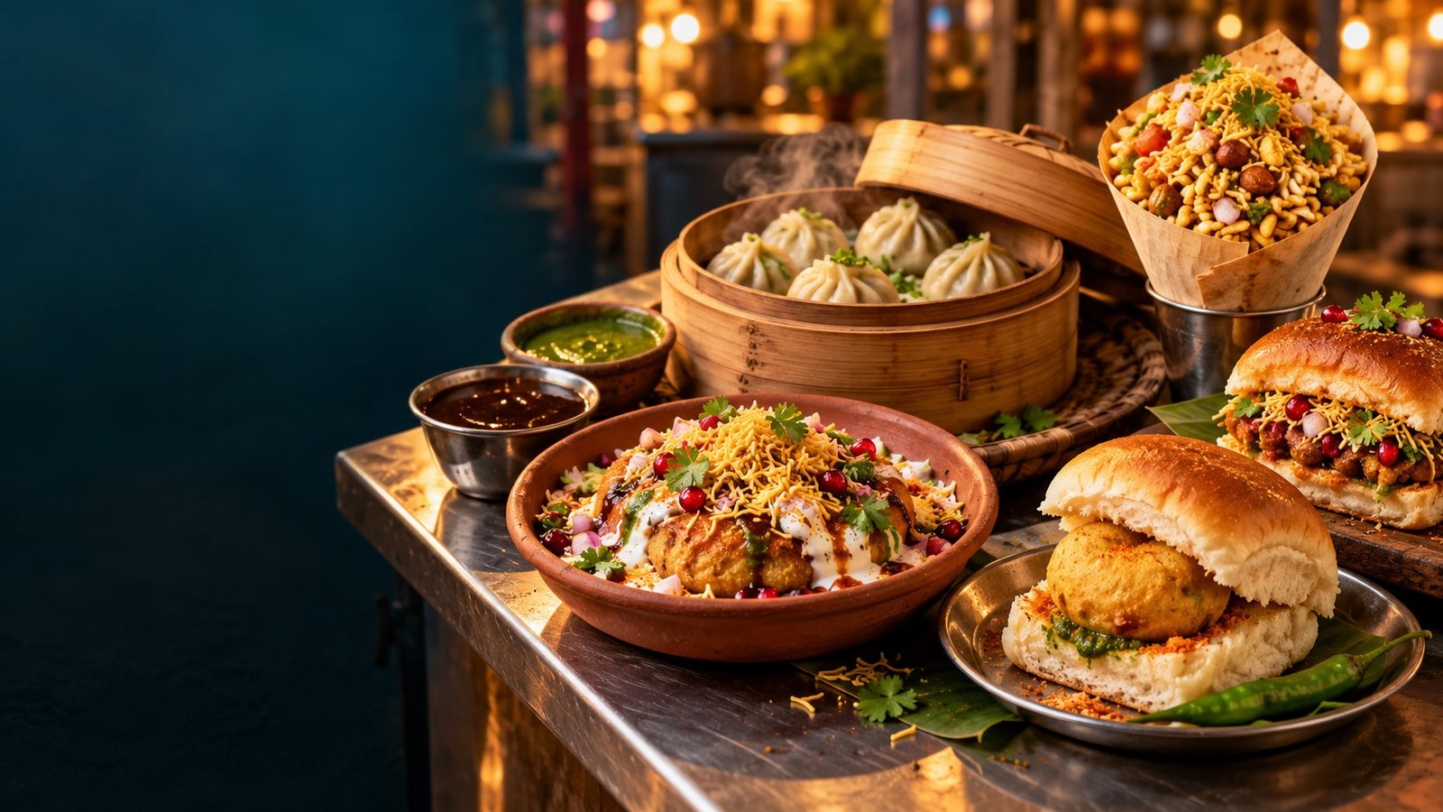 Vegetarian street food in India with vada pav, dabeli, aloo tikki chaat and vegetable momos