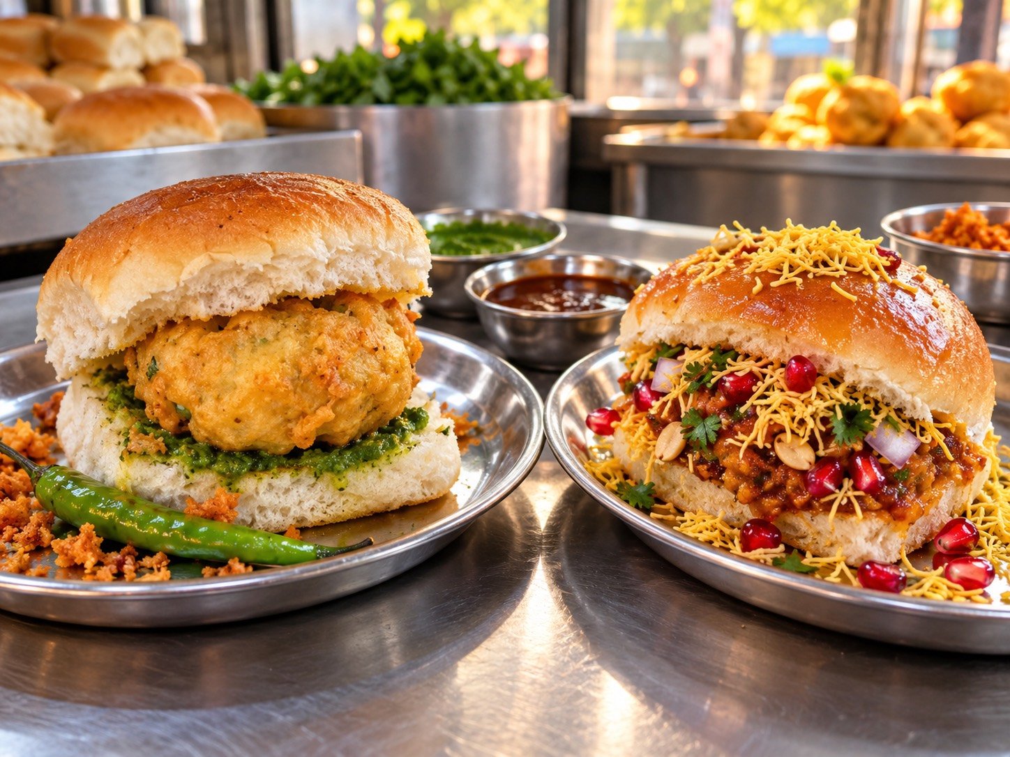Vegetarian vada pav and dabeli served with chutneys