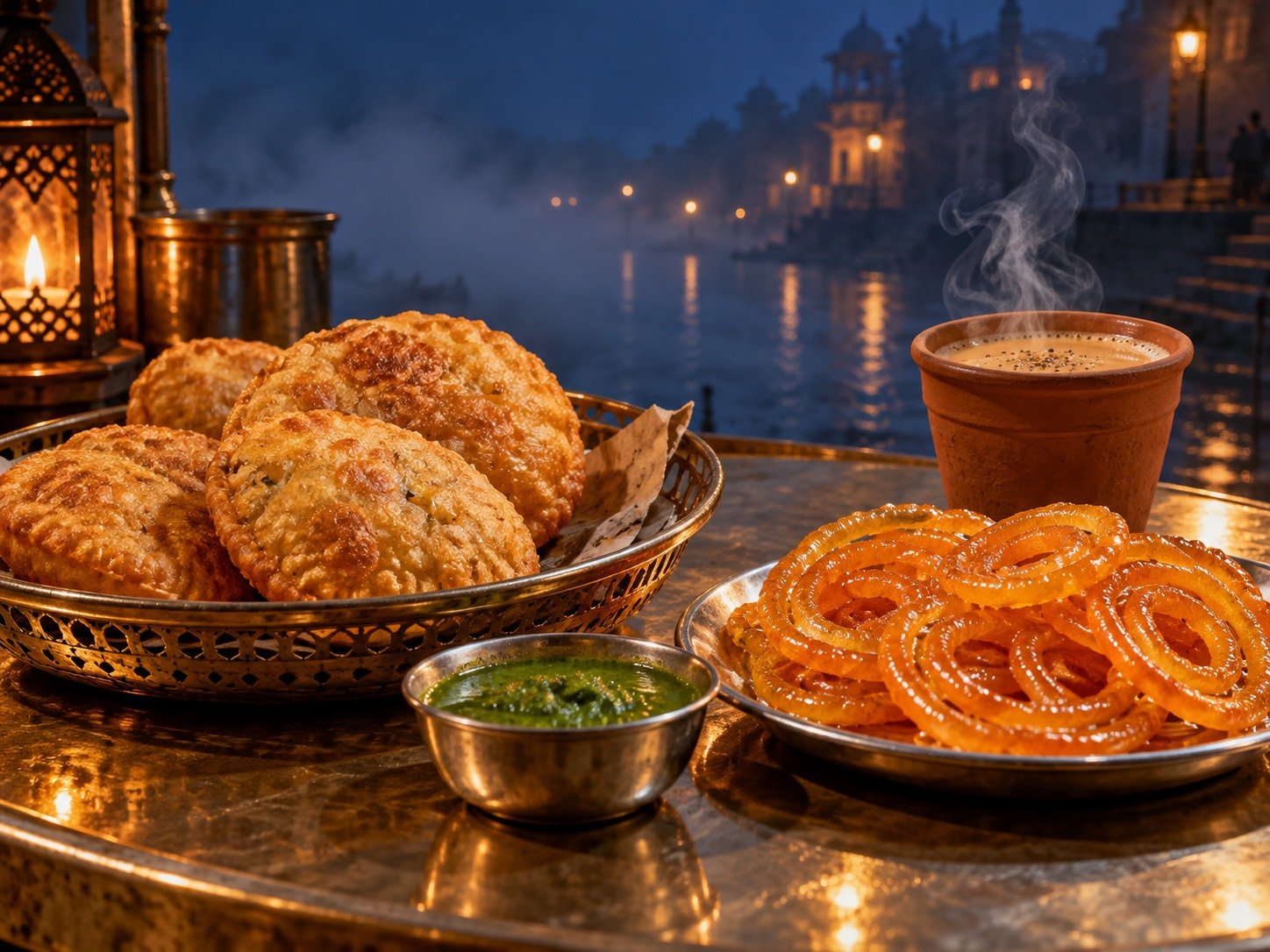 Hot kachori, fresh jalebi, green chutney and steaming masala chai on a winter evening