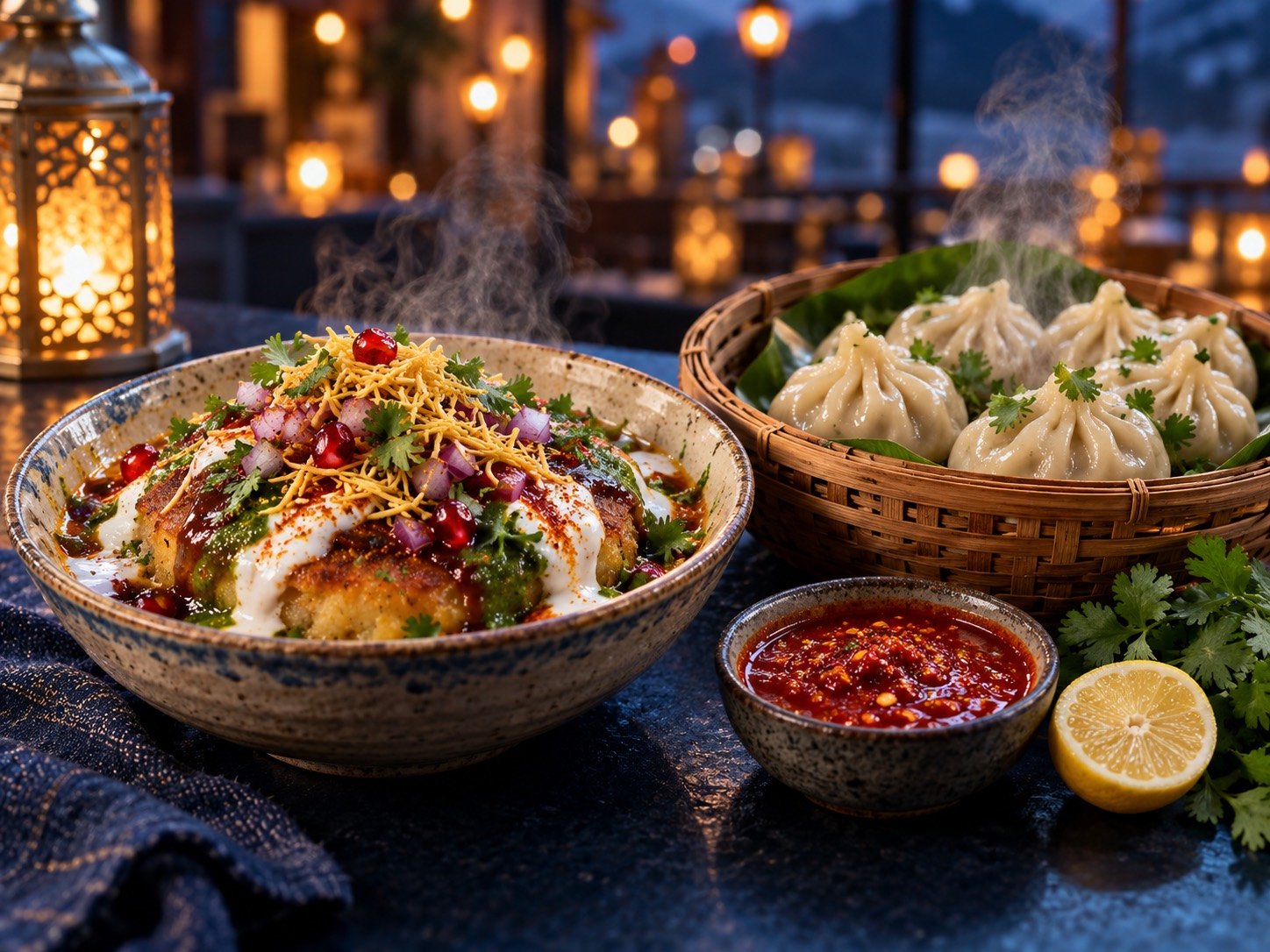 Hot aloo tikki chaat and steamed vegetable momos with chutney at a warmly lit counter